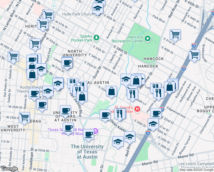 map of restaurants, bars, coffee shops, grocery stores, and more near 3213 Liberty Street in Austin