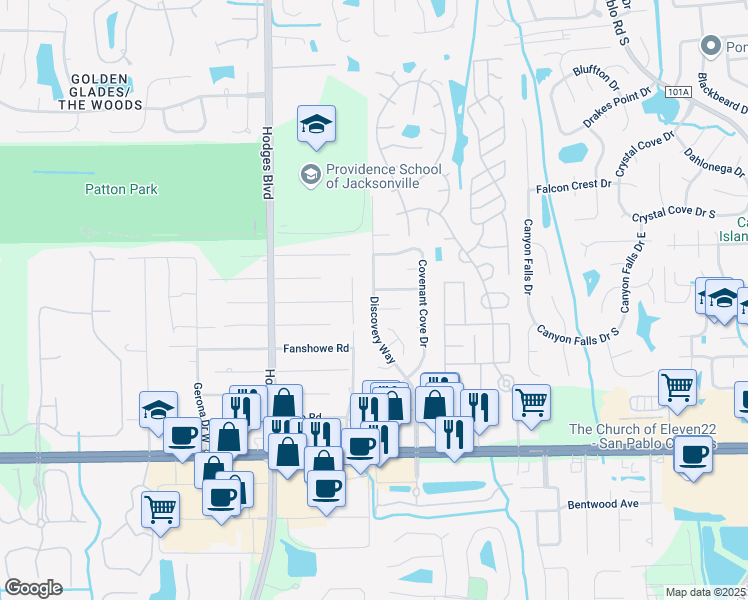 map of restaurants, bars, coffee shops, grocery stores, and more near Discovery Way in Jacksonville