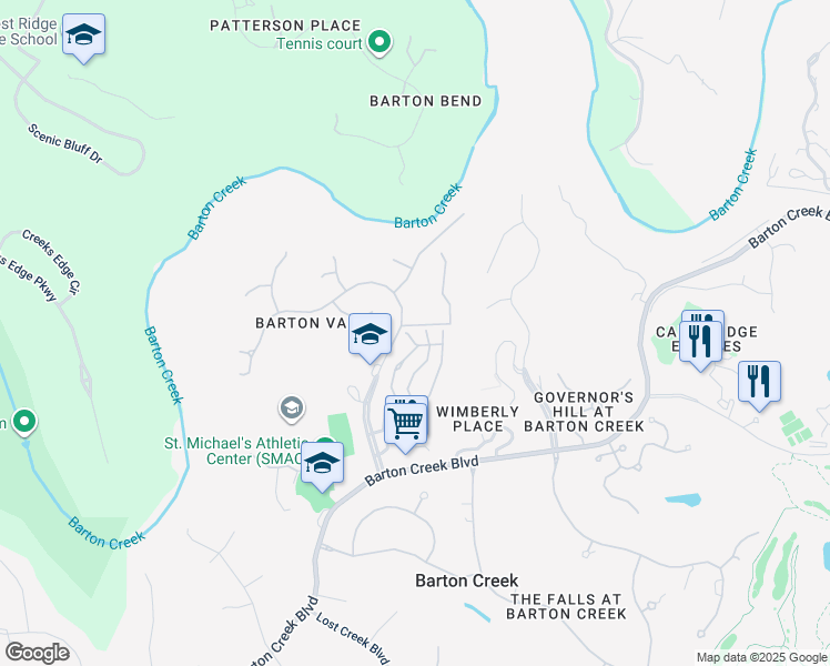 map of restaurants, bars, coffee shops, grocery stores, and more near 2716 Barton Creek Boulevard in Austin