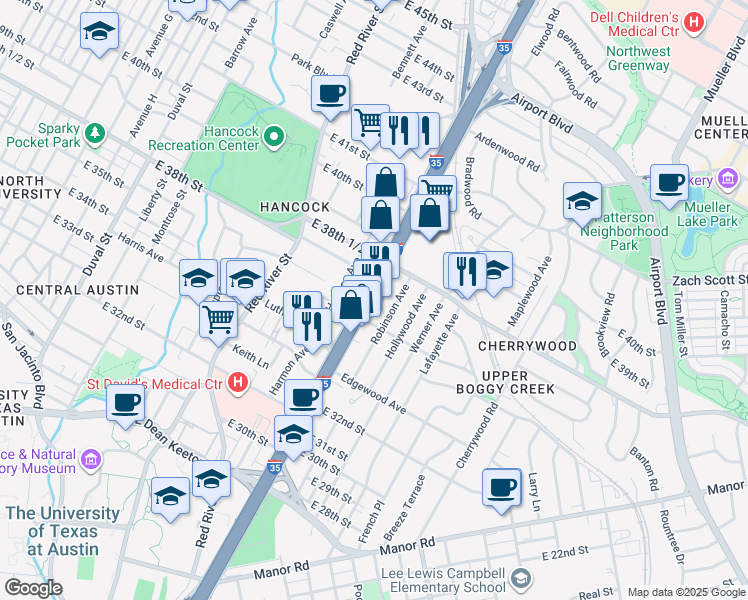 map of restaurants, bars, coffee shops, grocery stores, and more near 3651 N Interstate 35 Frontage Rd in Austin