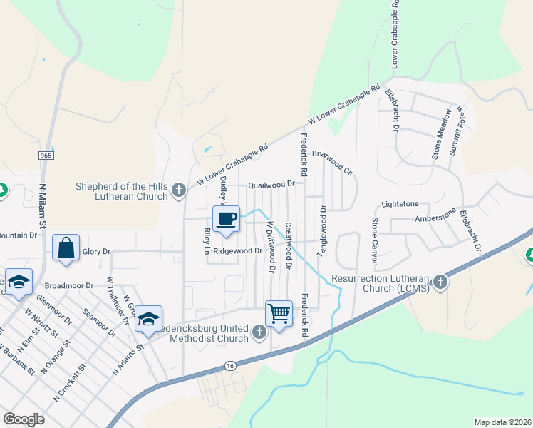 map of restaurants, bars, coffee shops, grocery stores, and more near 215 West Driftwood Drive in Fredericksburg