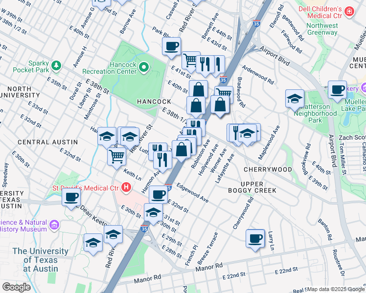 map of restaurants, bars, coffee shops, grocery stores, and more near 3701 North Interstate Highway 35 in Austin