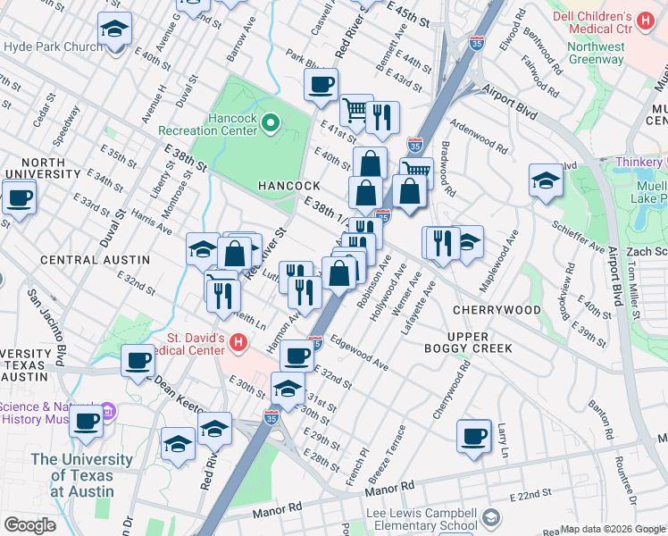 map of restaurants, bars, coffee shops, grocery stores, and more near 3503 Harmon Avenue in Austin