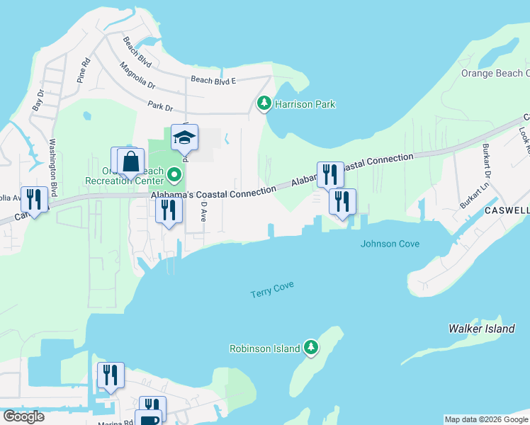 map of restaurants, bars, coffee shops, grocery stores, and more near 27582 Canal Road in Orange Beach