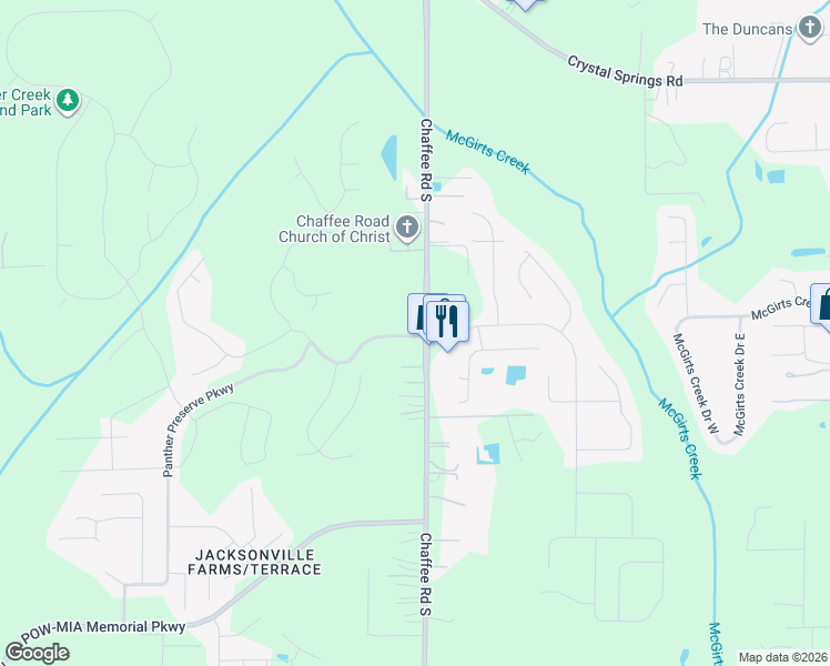 map of restaurants, bars, coffee shops, grocery stores, and more near 1480 Chaffee Road South in Jacksonville