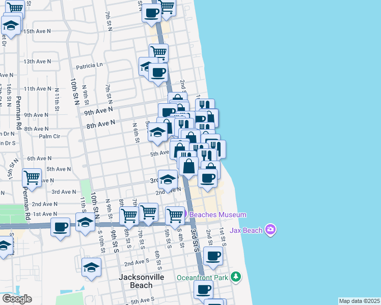 map of restaurants, bars, coffee shops, grocery stores, and more near 133b 5th Avenue North in Jacksonville Beach