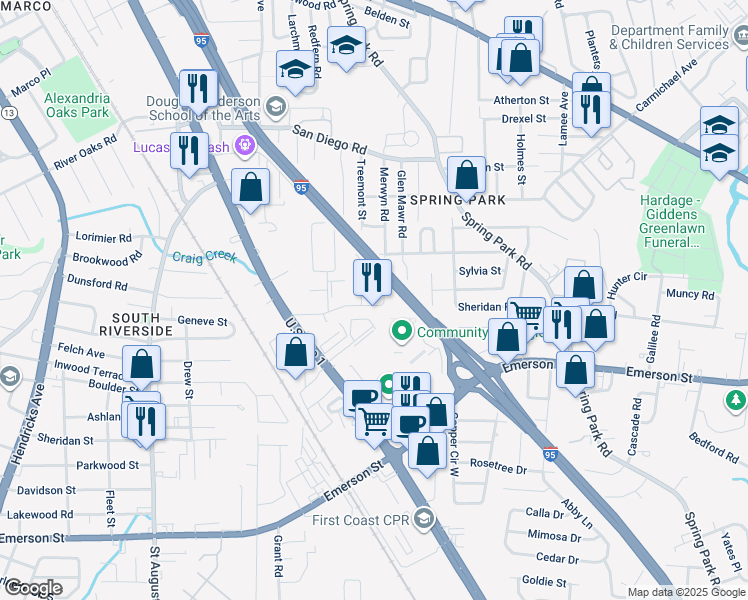 map of restaurants, bars, coffee shops, grocery stores, and more near 2845 Belair Road South in Jacksonville