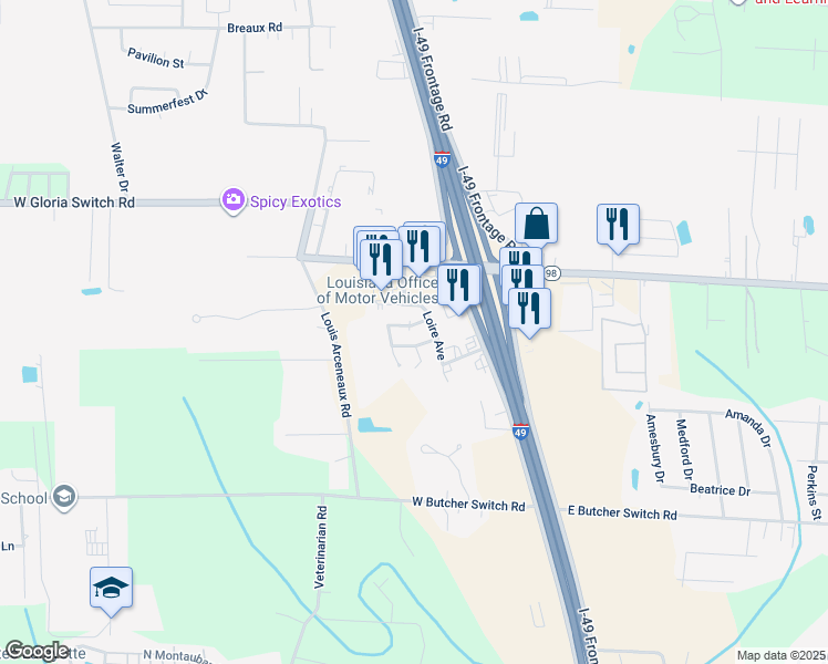 map of restaurants, bars, coffee shops, grocery stores, and more near 106 Cantal Drive in Lafayette