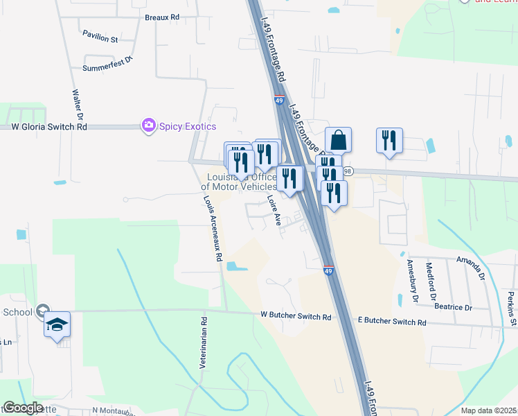 map of restaurants, bars, coffee shops, grocery stores, and more near 106 Cantal Drive in Lafayette