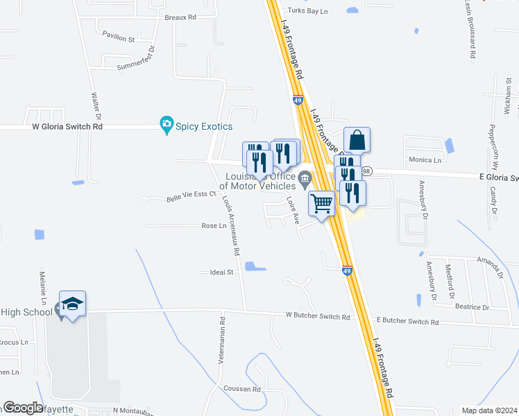 map of restaurants, bars, coffee shops, grocery stores, and more near 621 Louis Arceneaux Road in Lafayette