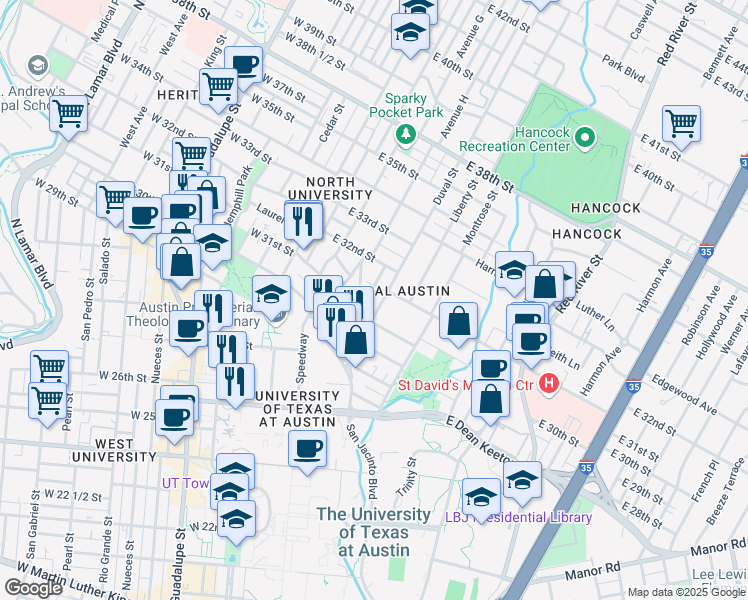 map of restaurants, bars, coffee shops, grocery stores, and more near 3111 Tom Green Street in Austin