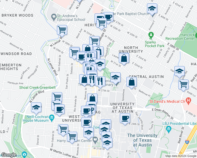 map of restaurants, bars, coffee shops, grocery stores, and more near 2700 1/2 Whitis Avenue in Austin