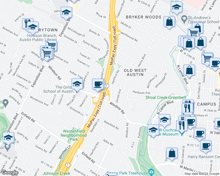 map of restaurants, bars, coffee shops, grocery stores, and more near 2421 Winsted Lane in Austin