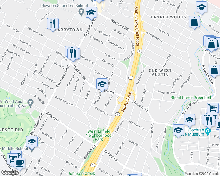 map of restaurants, bars, coffee shops, grocery stores, and more near 2405 Dormarion Lane in Austin