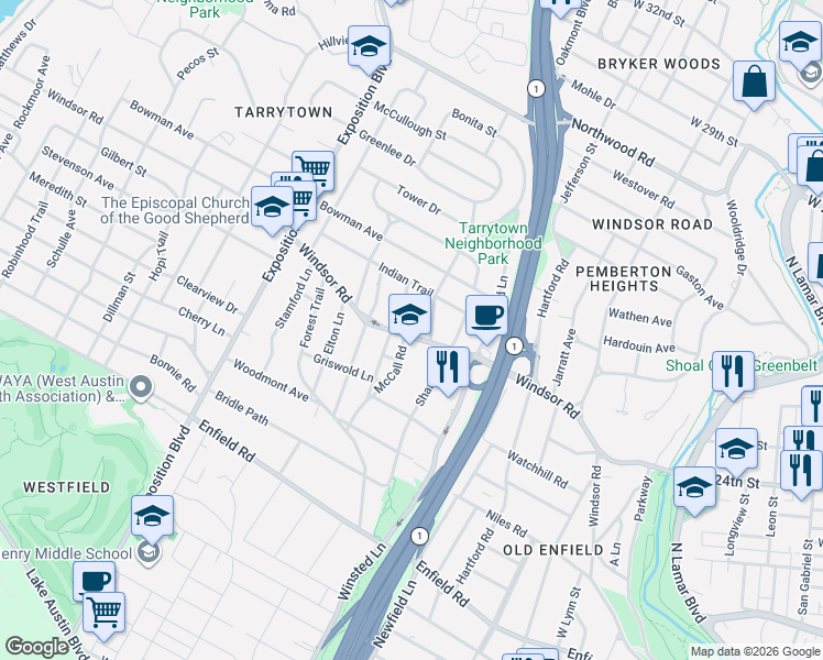 map of restaurants, bars, coffee shops, grocery stores, and more near in Austin