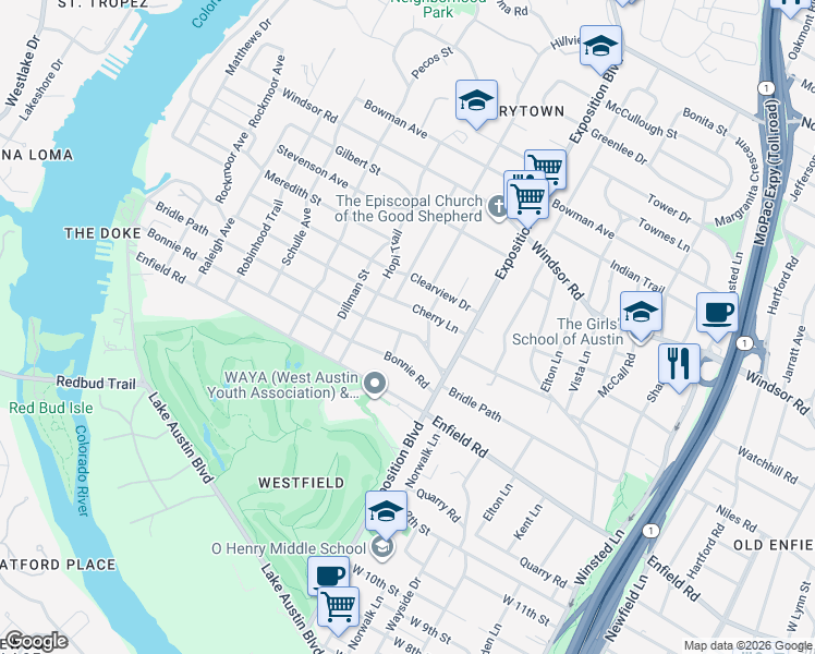 map of restaurants, bars, coffee shops, grocery stores, and more near 2911 Cherry Lane in Austin