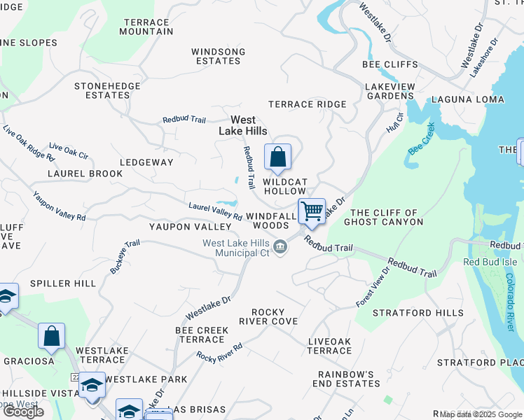 map of restaurants, bars, coffee shops, grocery stores, and more near 127 Redbud Trail in West Lake Hills