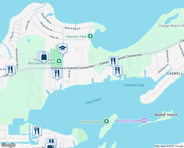 map of restaurants, bars, coffee shops, grocery stores, and more near 27582 Canal Road in Orange Beach