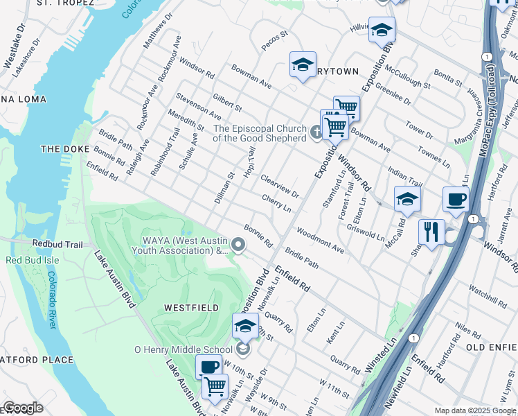 map of restaurants, bars, coffee shops, grocery stores, and more near 2911 Cherry Lane in Austin