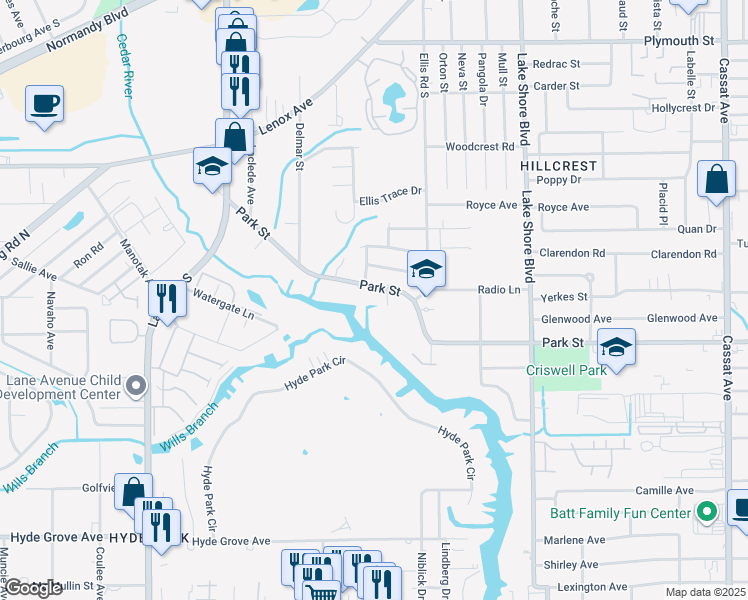map of restaurants, bars, coffee shops, grocery stores, and more near 6054 Park St in Jacksonville