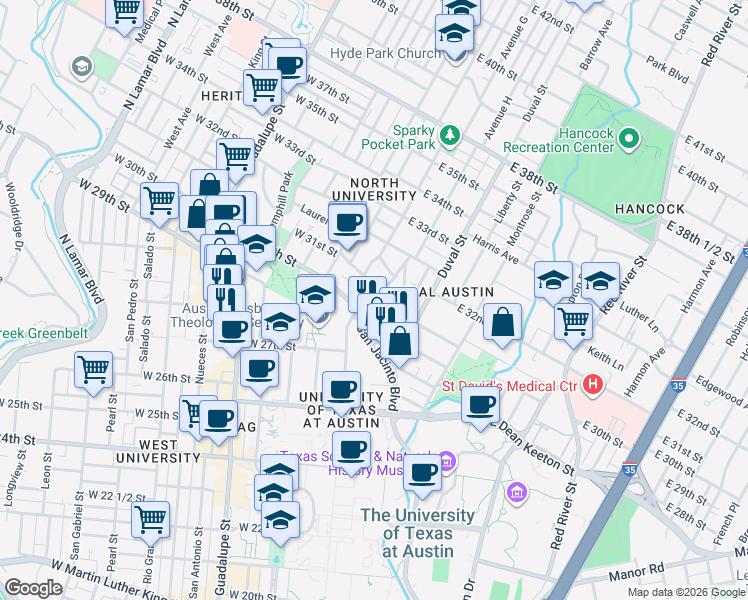 map of restaurants, bars, coffee shops, grocery stores, and more near 3006 Speedway in Austin