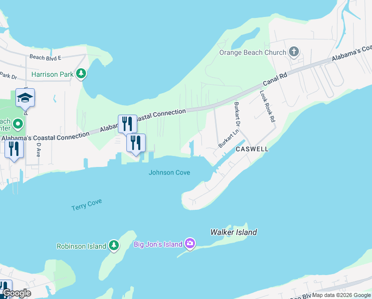 map of restaurants, bars, coffee shops, grocery stores, and more near 4610 White Avenue in Orange Beach