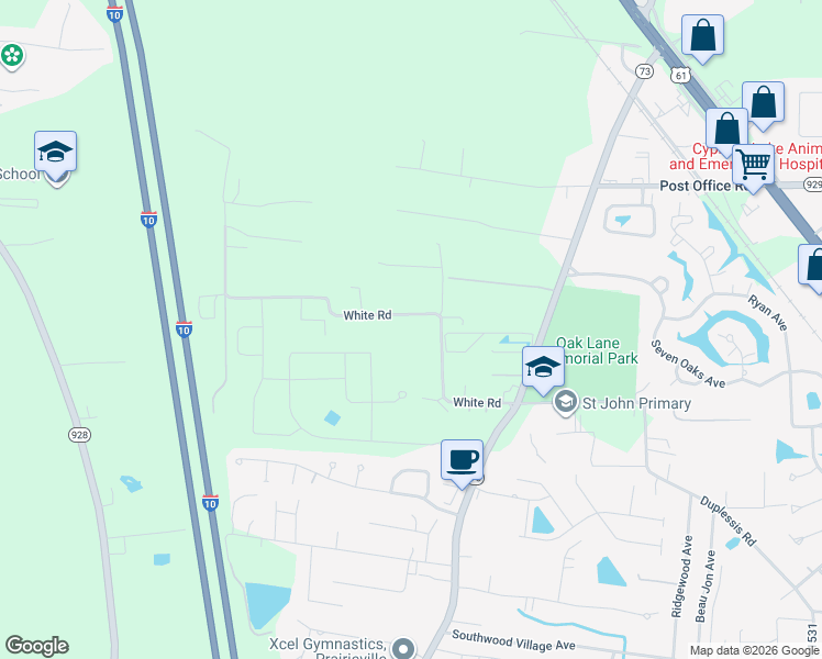 map of restaurants, bars, coffee shops, grocery stores, and more near 37363 White Road in Prairieville