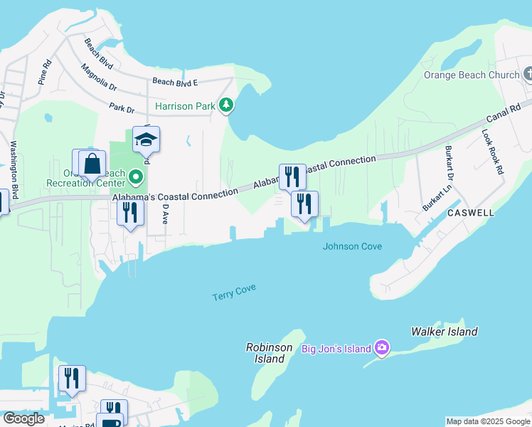 map of restaurants, bars, coffee shops, grocery stores, and more near 27800 Canal Road in Orange Beach
