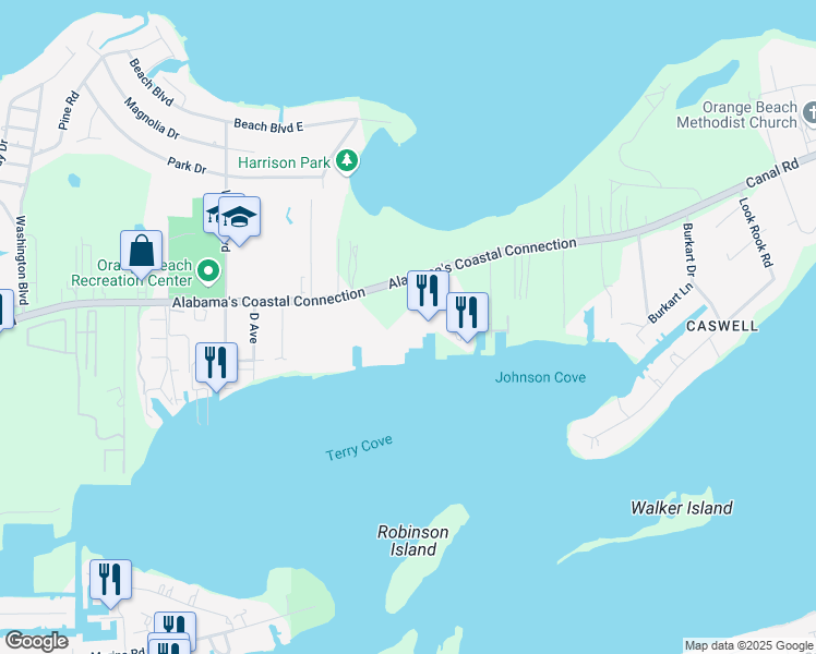 map of restaurants, bars, coffee shops, grocery stores, and more near 27780 Canal Road in Orange Beach