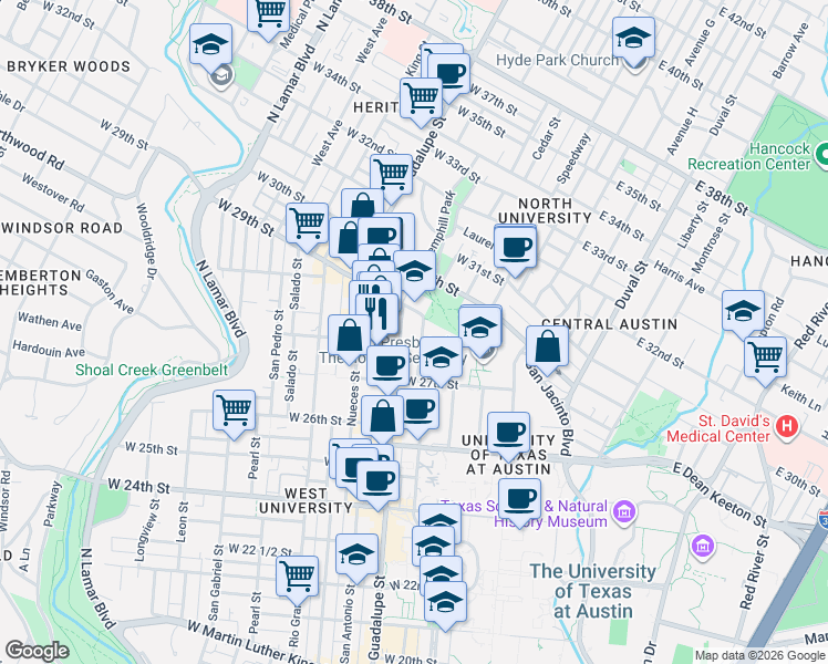 map of restaurants, bars, coffee shops, grocery stores, and more near 2700 1/2 Whitis Avenue in Austin
