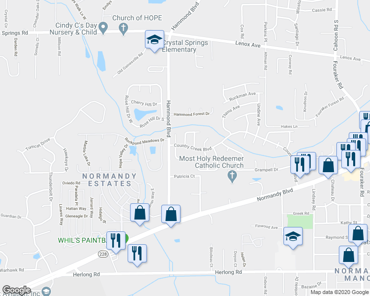 map of restaurants, bars, coffee shops, grocery stores, and more near 8774 Country Creek Boulevard in Jacksonville