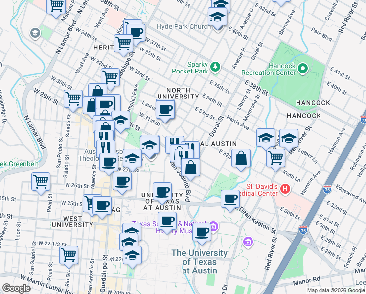 map of restaurants, bars, coffee shops, grocery stores, and more near 3006 Speedway in Austin