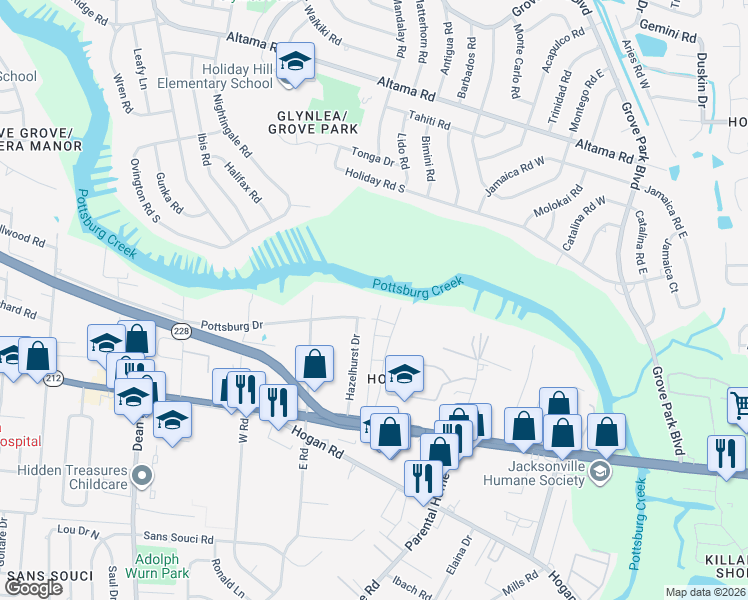 map of restaurants, bars, coffee shops, grocery stores, and more near 1536 El Camino Road in Jacksonville