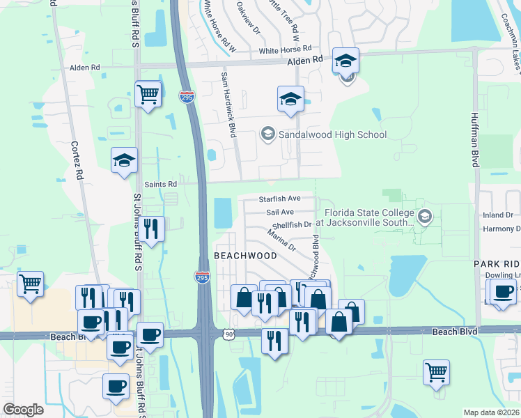 map of restaurants, bars, coffee shops, grocery stores, and more near 2855 Mangrove Avenue in Jacksonville