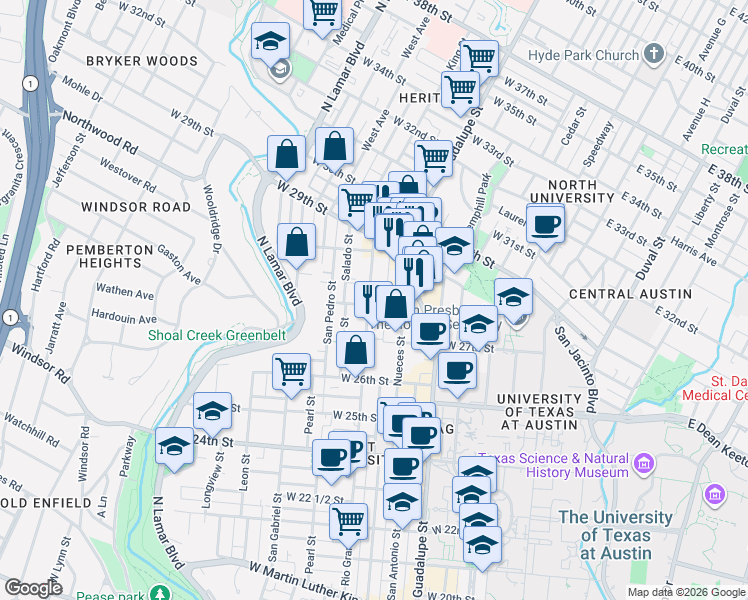 map of restaurants, bars, coffee shops, grocery stores, and more near 2804 Rio Grande Street in Austin