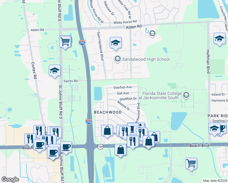 map of restaurants, bars, coffee shops, grocery stores, and more near 2855 Mangrove Avenue in Jacksonville