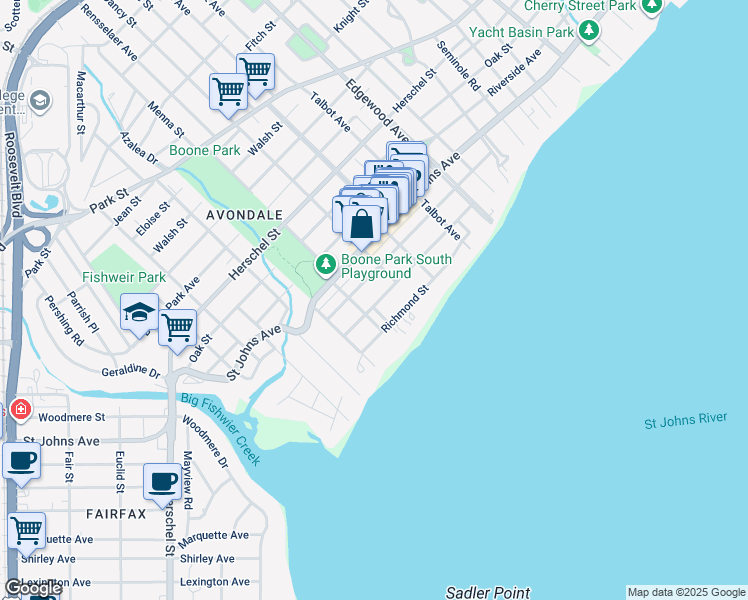 map of restaurants, bars, coffee shops, grocery stores, and more near 3680 Pine Street in Jacksonville