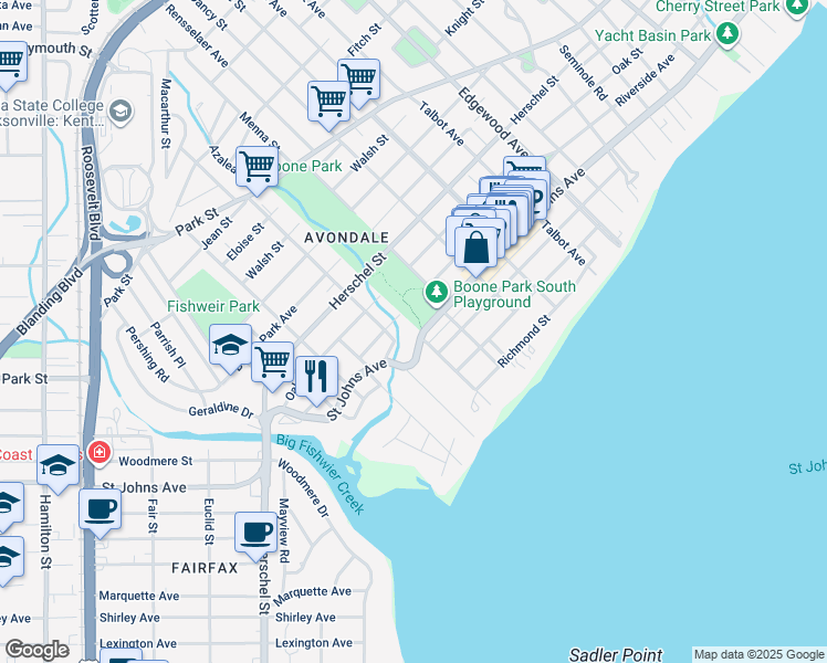 map of restaurants, bars, coffee shops, grocery stores, and more near 3750 Riverside Avenue in Jacksonville