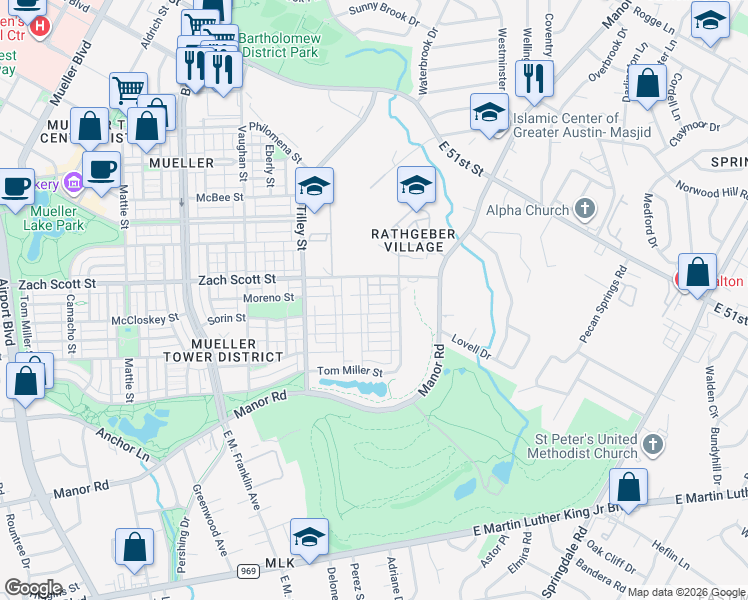 map of restaurants, bars, coffee shops, grocery stores, and more near 4800 Manor Road in Austin