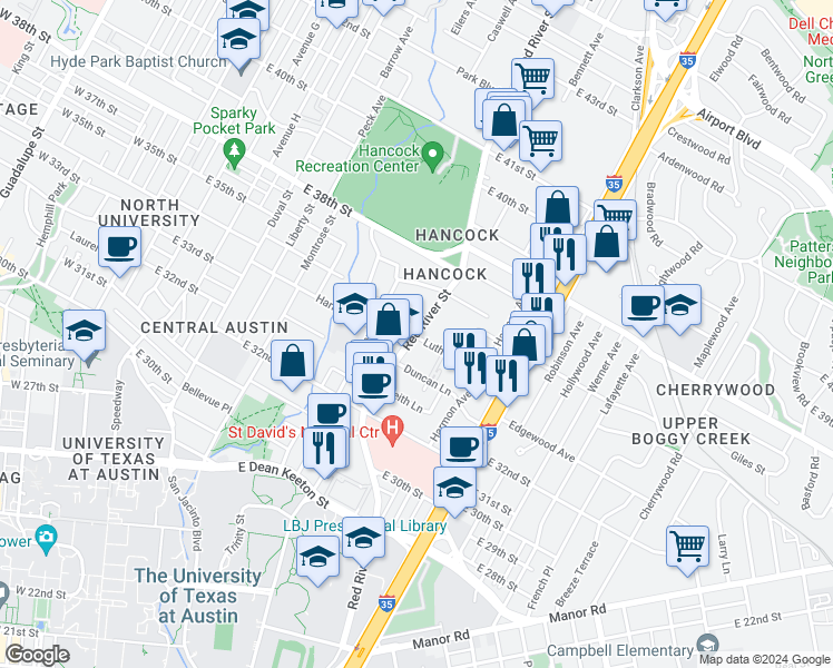 map of restaurants, bars, coffee shops, grocery stores, and more near 3412 Red River Street in Austin