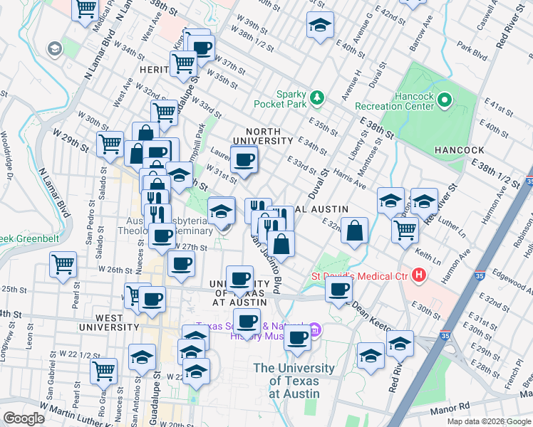 map of restaurants, bars, coffee shops, grocery stores, and more near 3006 Speedway in Austin
