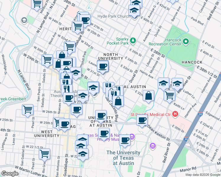 map of restaurants, bars, coffee shops, grocery stores, and more near 3006 Speedway in Austin