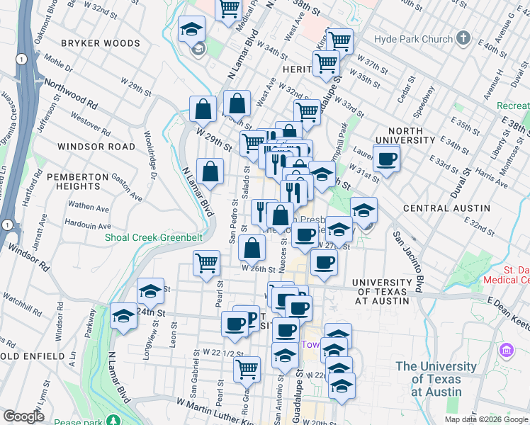 map of restaurants, bars, coffee shops, grocery stores, and more near 2804 Rio Grande Street in Austin