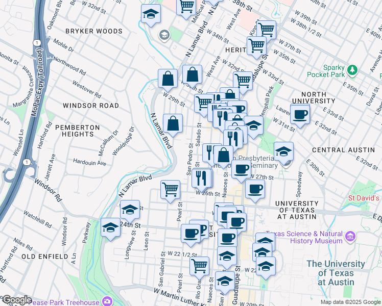 map of restaurants, bars, coffee shops, grocery stores, and more near 2806 San Pedro Street in Austin
