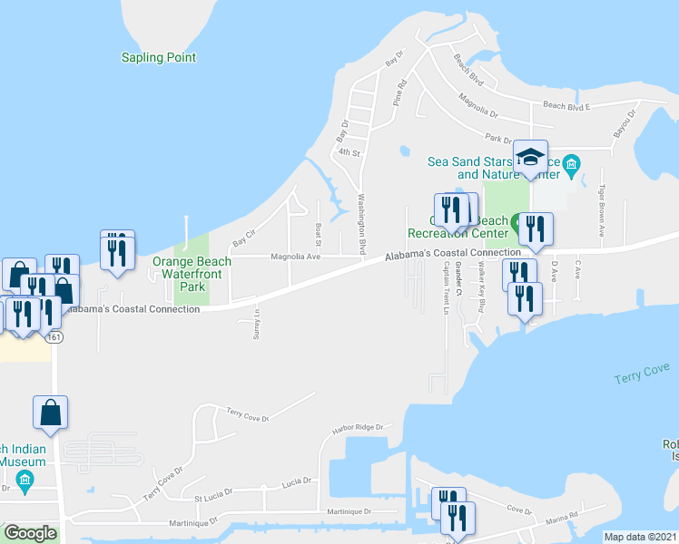 map of restaurants, bars, coffee shops, grocery stores, and more near 26831 Canal Road in Orange Beach