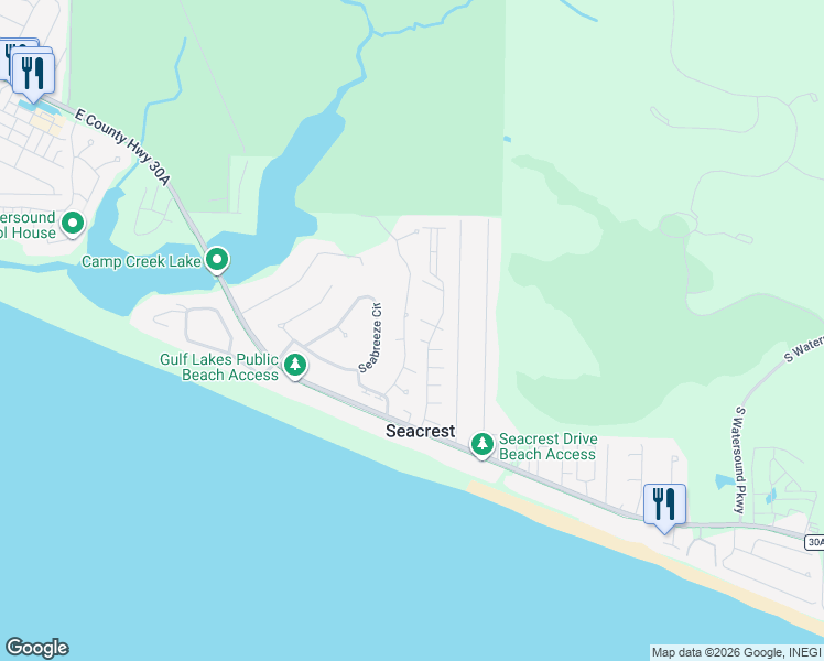 map of restaurants, bars, coffee shops, grocery stores, and more near 34 Creek Park Lane in Seacrest