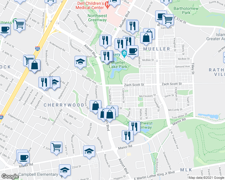map of restaurants, bars, coffee shops, grocery stores, and more near 1904 Littlefield Street in Austin