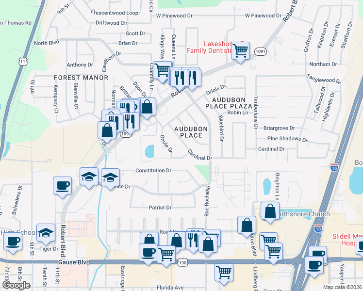 map of restaurants, bars, coffee shops, grocery stores, and more near 244 Cardinal Drive in Slidell