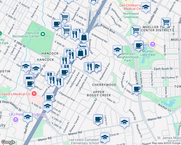 map of restaurants, bars, coffee shops, grocery stores, and more near 1400 East 38th 1/2 Street in Austin