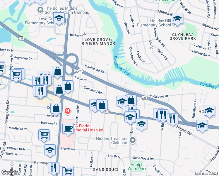 map of restaurants, bars, coffee shops, grocery stores, and more near 1530 Ryar Road in Jacksonville